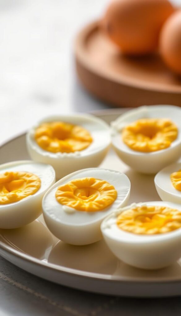 A close-up shot of a plate with several perfectly hard-boiled eggs, their shells neatly removed to reveal the bright yellow yolks and soft, creamy whites. The eggs are arranged in a visually appealing manner, with a light, natural illumination highlighting their smooth, glossy surfaces. The background is subtly blurred, allowing the eggs to be the focal point, conveying a sense of simplicity and culinary expertise. The lighting is soft and diffused, creating gentle shadows that accentuate the three-dimensional form of the eggs. The overall mood is one of elegance and precision, befitting a step-by-step guide to preparing the perfect hard-boiled eggs. A close-up shot of a plate with several perfectly hard-boiled eggs, their shells neatly removed to reveal the bright yellow yolks and soft, creamy whites. The eggs are arranged in a visually appealing manner, with a light, natural illumination highlighting their smooth, glossy surfaces. The background is subtly blurred, allowing the eggs to be the focal point, conveying a sense of simplicity and culinary expertise. The lighting is soft and diffused, creating gentle shadows that accentuate the three-dimensional form of the eggs. The overall mood is one of elegance and precision, befitting a step-by-step guide to preparing the perfect hard-boiled eggs.