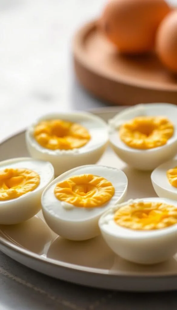 A close-up shot of a plate with several perfectly hard-boiled eggs, their shells neatly removed to reveal the bright yellow yolks and soft, creamy whites. The eggs are arranged in a visually appealing manner, with a light, natural illumination highlighting their smooth, glossy surfaces. The background is subtly blurred, allowing the eggs to be the focal point, conveying a sense of simplicity and culinary expertise. The lighting is soft and diffused, creating gentle shadows that accentuate the three-dimensional form of the eggs. The overall mood is one of elegance and precision, befitting a step-by-step guide to preparing the perfect hard-boiled eggs. A close-up shot of a plate with several perfectly hard-boiled eggs, their shells neatly removed to reveal the bright yellow yolks and soft, creamy whites. The eggs are arranged in a visually appealing manner, with a light, natural illumination highlighting their smooth, glossy surfaces. The background is subtly blurred, allowing the eggs to be the focal point, conveying a sense of simplicity and culinary expertise. The lighting is soft and diffused, creating gentle shadows that accentuate the three-dimensional form of the eggs. The overall mood is one of elegance and precision, befitting a step-by-step guide to preparing the perfect hard-boiled eggs.