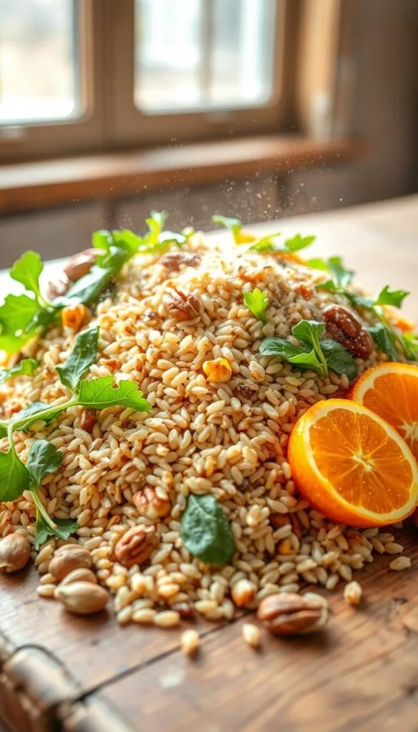 A close-up shot of a rustic wooden table, bathed in soft, natural light filtering through a window. Atop the table, a vibrant arrangement of freshly harvested wild rice and barley, intertwined with crisp winter greens, radiant orange segments, and a scattering of toasted nuts. The grains glisten with a light mist, conveying a sense of freshness and health. The composition is balanced, with the grains taking center stage, surrounded by complementary ingredients that enhance their earthy flavors. The overall mood is one of simplicity, nourishment, and the beauty of seasonal ingredients. A close-up shot of a rustic wooden table, bathed in soft, natural light filtering through a window. Atop the table, a vibrant arrangement of freshly harvested wild rice and barley, intertwined with crisp winter greens, radiant orange segments, and a scattering of toasted nuts. The grains glisten with a light mist, conveying a sense of freshness and health. The composition is balanced, with the grains taking center stage, surrounded by complementary ingredients that enhance their earthy flavors. The overall mood is one of simplicity, nourishment, and the beauty of seasonal ingredients.