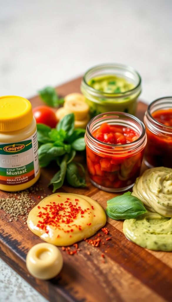 A close-up shot of a wooden cutting board filled with various slider sauce options. In the foreground, a selection of condiments and seasonings - gourmet mayonnaise, tangy mustard, aromatic basil pesto, and a sprinkle of red pepper flakes. In the middle ground, small glass jars containing vibrant red tomato jam, creamy avocado spread, and a zesty lemon-herb vinaigrette. The background features a neutral, slightly textured surface, allowing the vibrant colors and textures of the sauces to take center stage. The lighting is soft and natural, highlighting the glossy sheen of the sauces and creating a warm, inviting atmosphere. The overall composition emphasizes the variety and complexity of the slider sauce options, perfectly complementing the Caprese Ham Sliders. A close-up shot of a wooden cutting board filled with various slider sauce options. In the foreground, a selection of condiments and seasonings - gourmet mayonnaise, tangy mustard, aromatic basil pesto, and a sprinkle of red pepper flakes. In the middle ground, small glass jars containing vibrant red tomato jam, creamy avocado spread, and a zesty lemon-herb vinaigrette. The background features a neutral, slightly textured surface, allowing the vibrant colors and textures of the sauces to take center stage. The lighting is soft and natural, highlighting the glossy sheen of the sauces and creating a warm, inviting atmosphere. The overall composition emphasizes the variety and complexity of the slider sauce options, perfectly complementing the Caprese Ham Sliders.