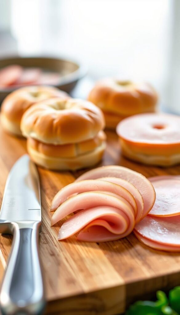 A close-up shot of a wooden cutting board, highlighting the intricate slicing techniques for Caprese ham sliders. Crisp, thin slices of savory Caprese ham are carefully arranged, showcasing their delicate texture and flavor. The board is illuminated by soft, natural lighting, creating a warm, inviting atmosphere. In the foreground, a sharp chef's knife rests nearby, ready to expertly slice the ham into perfect portions. The middle ground features neatly stacked slider buns, their fluffy, golden-brown texture complementing the ham. The background subtly blurs, focusing the viewer's attention on the captivating slicing process and the appetizing ingredients. A close-up shot of a wooden cutting board, highlighting the intricate slicing techniques for Caprese ham sliders. Crisp, thin slices of savory Caprese ham are carefully arranged, showcasing their delicate texture and flavor. The board is illuminated by soft, natural lighting, creating a warm, inviting atmosphere. In the foreground, a sharp chef's knife rests nearby, ready to expertly slice the ham into perfect portions. The middle ground features neatly stacked slider buns, their fluffy, golden-brown texture complementing the ham. The background subtly blurs, focusing the viewer's attention on the captivating slicing process and the appetizing ingredients.