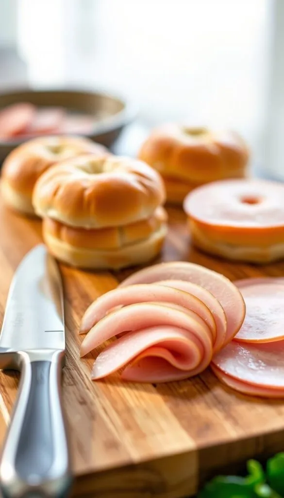 A close-up shot of a wooden cutting board, highlighting the intricate slicing techniques for Caprese ham sliders. Crisp, thin slices of savory Caprese ham are carefully arranged, showcasing their delicate texture and flavor. The board is illuminated by soft, natural lighting, creating a warm, inviting atmosphere. In the foreground, a sharp chef's knife rests nearby, ready to expertly slice the ham into perfect portions. The middle ground features neatly stacked slider buns, their fluffy, golden-brown texture complementing the ham. The background subtly blurs, focusing the viewer's attention on the captivating slicing process and the appetizing ingredients. A close-up shot of a wooden cutting board, highlighting the intricate slicing techniques for Caprese ham sliders. Crisp, thin slices of savory Caprese ham are carefully arranged, showcasing their delicate texture and flavor. The board is illuminated by soft, natural lighting, creating a warm, inviting atmosphere. In the foreground, a sharp chef's knife rests nearby, ready to expertly slice the ham into perfect portions. The middle ground features neatly stacked slider buns, their fluffy, golden-brown texture complementing the ham. The background subtly blurs, focusing the viewer's attention on the captivating slicing process and the appetizing ingredients.