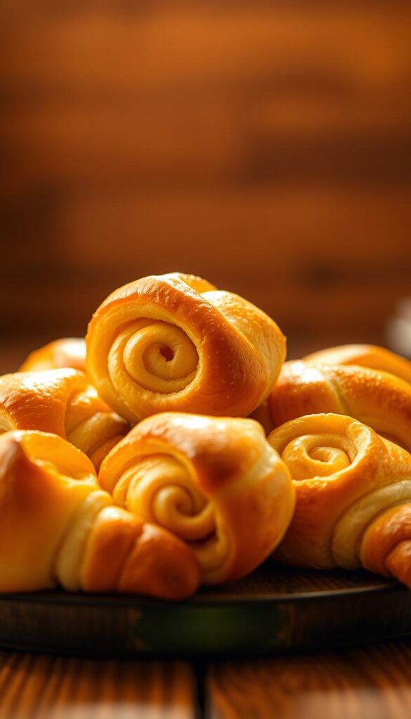 A close-up shot of freshly baked, golden brown crescent rolls on a rustic wooden surface. The rolls have a flaky, buttery exterior and a soft, pillowy interior. Warm light from above casts a gentle glow, highlighting the intricate, spiraled shape and delicate texture of the rolls. The background is slightly blurred, creating a focal point on the enticing, appetizing crescent rolls in the center of the frame. A close-up shot of freshly baked, golden brown crescent rolls on a rustic wooden surface. The rolls have a flaky, buttery exterior and a soft, pillowy interior. Warm light from above casts a gentle glow, highlighting the intricate, spiraled shape and delicate texture of the rolls. The background is slightly blurred, creating a focal point on the enticing, appetizing crescent rolls in the center of the frame.