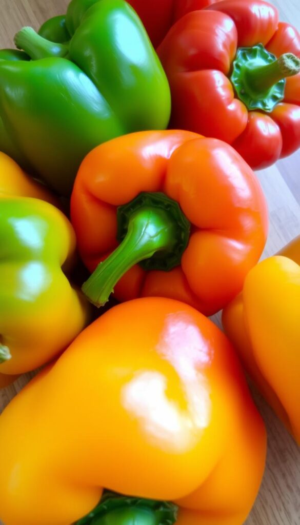 A close-up shot of several fresh, vibrant bell peppers of various colors - red, green, yellow, and orange - arranged on a wooden table or cutting board. The peppers are shown in a well-lit, natural setting, with soft shadows and highlights accentuating their crisp, waxy skins and shiny surfaces. The peppers are slightly angled, creating a visually appealing composition that invites the viewer to examine their shape, size, and subtle differences. The background is blurred, keeping the focus on the peppers and conveying a sense of careful selection and preparation for a culinary task. A close-up shot of several fresh, vibrant bell peppers of various colors - red, green, yellow, and orange - arranged on a wooden table or cutting board. The peppers are shown in a well-lit, natural setting, with soft shadows and highlights accentuating their crisp, waxy skins and shiny surfaces. The peppers are slightly angled, creating a visually appealing composition that invites the viewer to examine their shape, size, and subtle differences. The background is blurred, keeping the focus on the peppers and conveying a sense of careful selection and preparation for a culinary task.