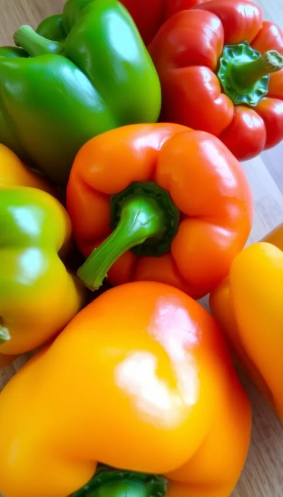 A close-up shot of several fresh, vibrant bell peppers of various colors - red, green, yellow, and orange - arranged on a wooden table or cutting board. The peppers are shown in a well-lit, natural setting, with soft shadows and highlights accentuating their crisp, waxy skins and shiny surfaces. The peppers are slightly angled, creating a visually appealing composition that invites the viewer to examine their shape, size, and subtle differences. The background is blurred, keeping the focus on the peppers and conveying a sense of careful selection and preparation for a culinary task.