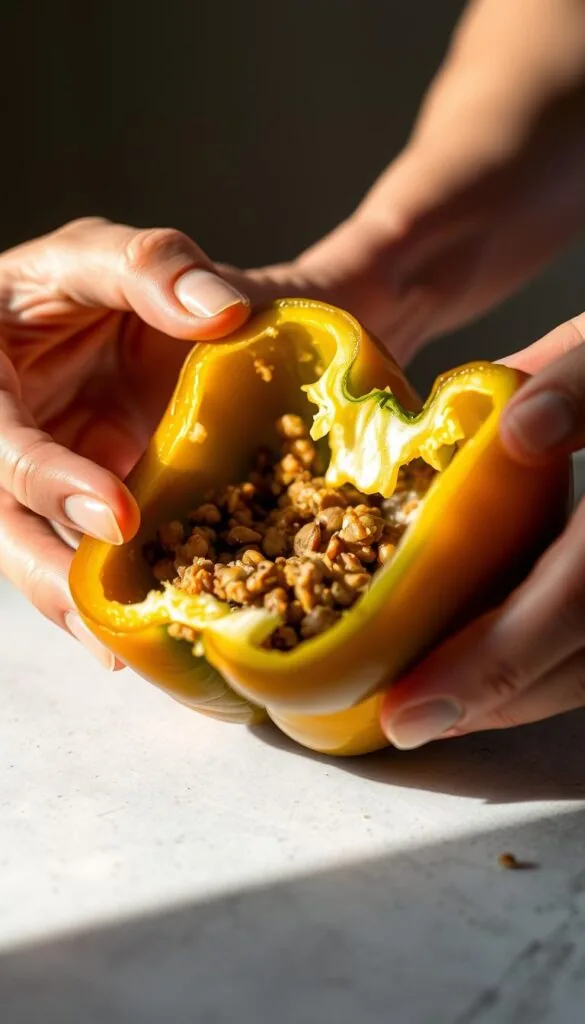 A close-up view of a person's hands carefully repairing and stuffing a hollowed-out bell pepper. The pepper is halved, revealing its lentil and quinoa filling. Soft, diffused lighting from the side illuminates the intricate process, casting delicate shadows. The background is blurred, keeping the focus on the hands gently patting down the filling and sealing the pepper back together. The mood is one of concentration and care, as the person troubleshoots the common issues of properly stuffing and cooking the lentil and quinoa-filled peppers.
