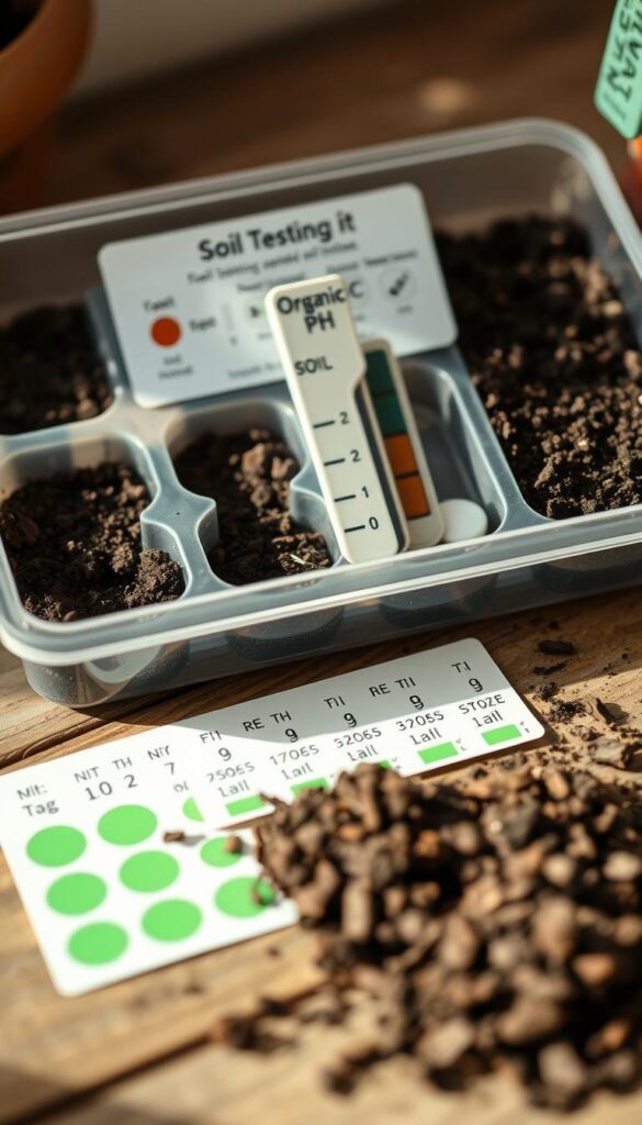 A close-up view of a soil testing kit for organic gardening at home. The kit includes a plastic container with compartments for soil samples, a pH meter, and test strips for measuring nutrient levels. The kit is placed on a wooden surface, perhaps a garden workbench, with a handful of fresh soil scattered around it. Soft, natural lighting illuminates the scene, creating a warm, earthy atmosphere. The focus is on the soil testing kit, showcasing its components and the process of preparing the garden soil for planting.