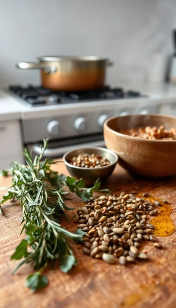 A close-up view of a wooden cutting board, showcasing various flavor-enhancing techniques for a lentil stew. In the foreground, a handful of freshly chopped herbs, including fragrant rosemary, thyme, and bay leaves, are arranged neatly. In the middle ground, a small bowl of toasted spices, such as cumin, coriander, and mustard seeds, sits next to a drizzle of rich, fragrant olive oil. In the background, a steaming pot of lentil stew simmers on a minimalist, modern stove, its aroma filling the cozy, well-lit kitchen. The overall scene conveys a sense of culinary expertise and the pursuit of deeply flavorful, autumnal comfort food.