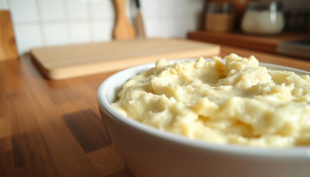 A close-up view of a wooden kitchen countertop, showcasing a bowl of creamy, pale-colored cauliflower mash. The mash is slightly lumpy, with a few visible pieces of cauliflower peeking through. The background is softly blurred, with a few cooking utensils and a cutting board visible in the distance, creating a cozy, homey atmosphere. The lighting is warm and natural, casting gentle shadows on the mash, highlighting its texture and consistency. The image conveys a sense of troubleshooting, as the viewer is invited to analyze the mash and consider potential adjustments to achieve the desired smooth, creamy texture. A close-up view of a wooden kitchen countertop, showcasing a bowl of creamy, pale-colored cauliflower mash. The mash is slightly lumpy, with a few visible pieces of cauliflower peeking through. The background is softly blurred, with a few cooking utensils and a cutting board visible in the distance, creating a cozy, homey atmosphere. The lighting is warm and natural, casting gentle shadows on the mash, highlighting its texture and consistency. The image conveys a sense of troubleshooting, as the viewer is invited to analyze the mash and consider potential adjustments to achieve the desired smooth, creamy texture.