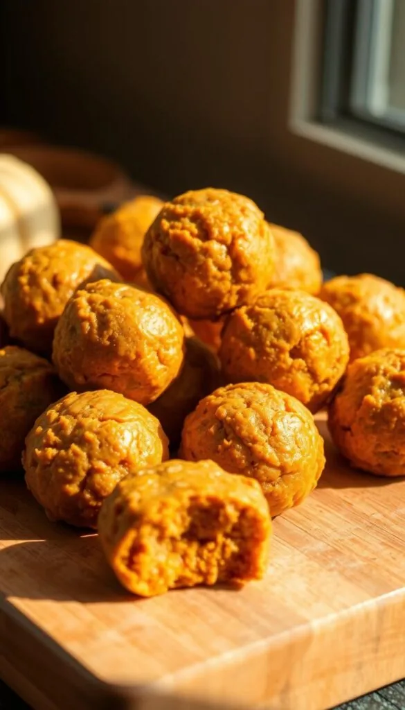 A close-up view of freshly made pumpkin pie energy bites, arranged in a visually appealing formation on a wooden surface. The bites have a soft, doughy texture with a vibrant orange hue, reflecting the pumpkin puree and spices used in their preparation. The lighting is warm and natural, casting gentle shadows that accentuate the tactile quality of the bites. The composition is balanced, with the bites occupying the majority of the frame, allowing the viewer to focus on the details of their construction. The background is blurred, creating a sense of depth and emphasizing the subject. The overall atmosphere is cozy, inviting, and captures the essence of the homemade, wholesome nature of the pumpkin pie energy bites.