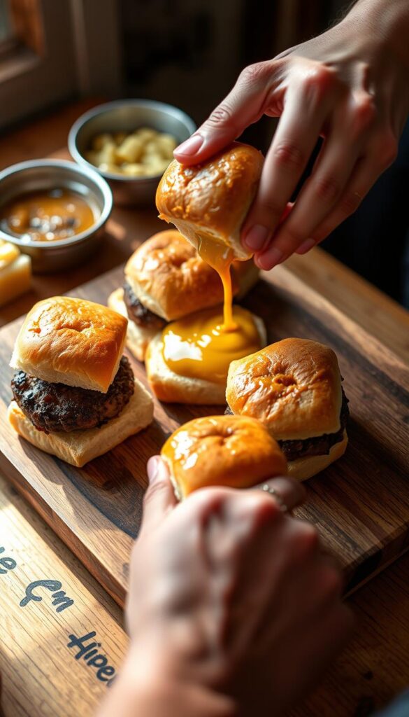 A close-up view of someone's hands assembling bite-sized honey mustard glazed sliders on a wooden cutting board. The buns are lightly toasted, the patties sizzling, and the glistening honey mustard sauce is being generously applied. The arrangement is precise and evenly spaced, with ingredients neatly organized. Warm, natural lighting bathes the scene, creating a cozy, inviting atmosphere. The camera angle is slightly elevated, providing an engaging, almost hands-on perspective. The overall mood is one of mouthwatering anticipation and culinary expertise. A close-up view of someone's hands assembling bite-sized honey mustard glazed sliders on a wooden cutting board. The buns are lightly toasted, the patties sizzling, and the glistening honey mustard sauce is being generously applied. The arrangement is precise and evenly spaced, with ingredients neatly organized. Warm, natural lighting bathes the scene, creating a cozy, inviting atmosphere. The camera angle is slightly elevated, providing an engaging, almost hands-on perspective. The overall mood is one of mouthwatering anticipation and culinary expertise.