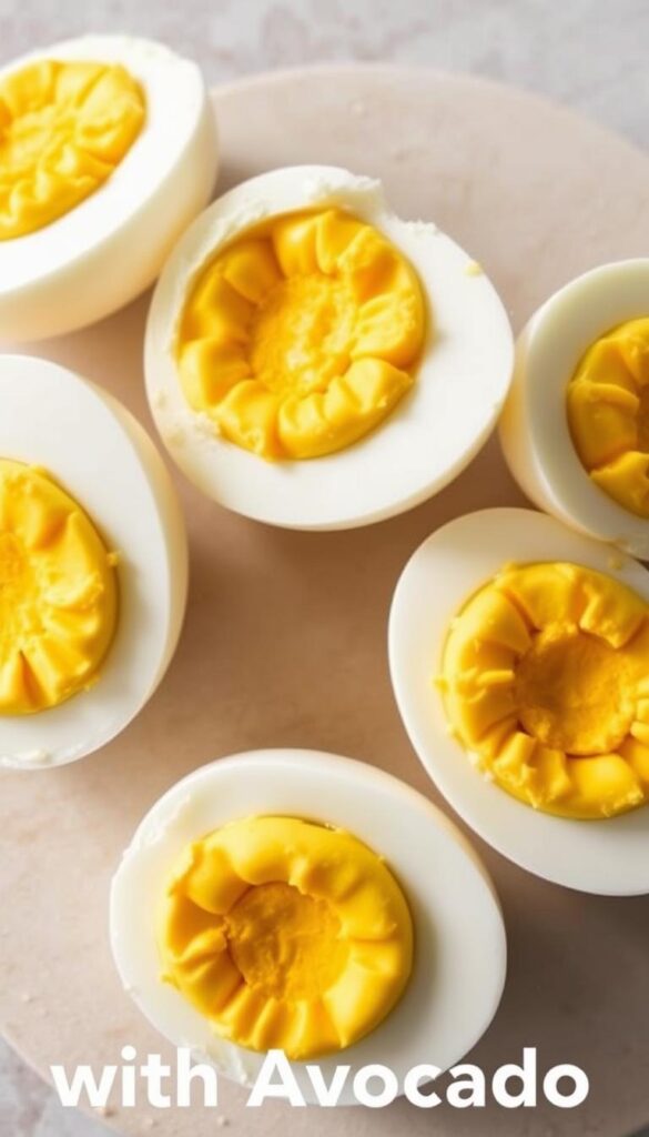 A close-up, well-lit image of several freshly peeled hard-boiled eggs, their shells delicately removed to reveal the tender, golden yolks and smooth, creamy whites. The peeled eggs are arranged on a neutral, slightly textured surface, such as a wooden cutting board or a clean, white plate, creating a minimalist and appetizing composition. The lighting is soft and natural, accentuating the details of the eggs' surfaces and the subtle shadows around them. The image captures the satisfying process of properly peeling hard-boiled eggs, ready to be enjoyed as part of a delicious "Hard-Boiled Eggs with Avocado" dish. A close-up, well-lit image of several freshly peeled hard-boiled eggs, their shells delicately removed to reveal the tender, golden yolks and smooth, creamy whites. The peeled eggs are arranged on a neutral, slightly textured surface, such as a wooden cutting board or a clean, white plate, creating a minimalist and appetizing composition. The lighting is soft and natural, accentuating the details of the eggs' surfaces and the subtle shadows around them. The image captures the satisfying process of properly peeling hard-boiled eggs, ready to be enjoyed as part of a delicious "Hard-Boiled Eggs with Avocado" dish.