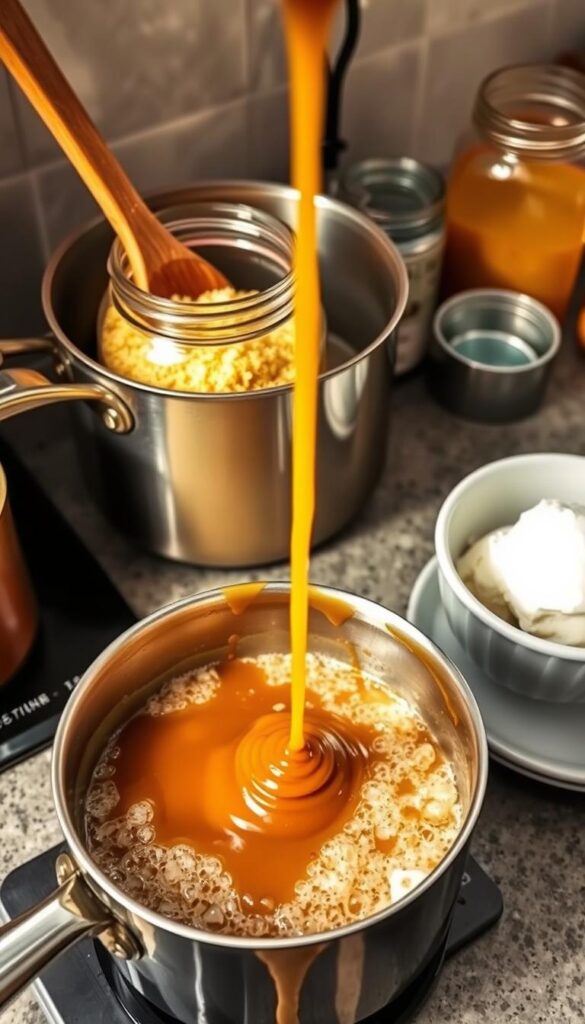 A countertop filled with the tools and ingredients of homemade caramel making - a heavy-bottomed saucepan, wooden spoon, jar of golden sugar, and a small bowl of water. Warm, soft lighting illuminates the process, casting a cozy glow. In the foreground, caramel bubbles and foams as it slowly caramelizes, the stirring motion capturing the viscous transformation. The middle ground shows a drizzle of caramel being carefully poured, ribboning through the air. In the background, a glimpse of a scoop of vanilla ice cream, awaiting the crowning touch of the homemade caramel.