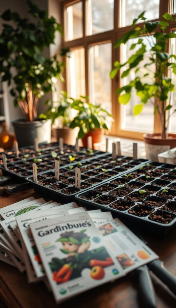 A cozy indoor seed starting setup with various seed trays and containers filled with soil, placed on a wooden table near a large sunny window. Warm, soft lighting creates a gentle, inviting atmosphere. In the foreground, carefully labeled seed packets are arranged neatly, hinting at the diverse vegetable varieties being started. Gardening tools and supplies are within reach, creating a sense of preparation and care. The background features lush, green houseplants, adding a touch of natural vibrancy to the scene. The overall composition conveys the excitement and tranquility of beginning a new gardening journey indoors. A cozy indoor seed starting setup with various seed trays and containers filled with soil, placed on a wooden table near a large sunny window. Warm, soft lighting creates a gentle, inviting atmosphere. In the foreground, carefully labeled seed packets are arranged neatly, hinting at the diverse vegetable varieties being started. Gardening tools and supplies are within reach, creating a sense of preparation and care. The background features lush, green houseplants, adding a touch of natural vibrancy to the scene. The overall composition conveys the excitement and tranquility of beginning a new gardening journey indoors.