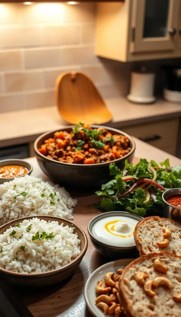 A cozy kitchen counter, bathed in warm, diffused lighting from overhead. At the center, a bountiful spread of serving suggestions for the Curried Lentil and Sweet Potato Stew: fluffy basmati rice, garnished with chopped cilantro; a crisp, fresh salad dressed in a tangy lemon-tahini vinaigrette; and thick slices of crusty, artisanal bread, glistening with melted butter. Complementing the main dish, a selection of condiments - tangy mango chutney, cooling raita, and toasted, spiced cashews - arranged artfully around the edges. The overall scene exudes a comforting, homey atmosphere, inviting the viewer to imagine themselves savoring this nourishing, flavorful stew. A cozy kitchen counter, bathed in warm, diffused lighting from overhead. At the center, a bountiful spread of serving suggestions for the Curried Lentil and Sweet Potato Stew: fluffy basmati rice, garnished with chopped cilantro; a crisp, fresh salad dressed in a tangy lemon-tahini vinaigrette; and thick slices of crusty, artisanal bread, glistening with melted butter. Complementing the main dish, a selection of condiments - tangy mango chutney, cooling raita, and toasted, spiced cashews - arranged artfully around the edges. The overall scene exudes a comforting, homey atmosphere, inviting the viewer to imagine themselves savoring this nourishing, flavorful stew.
