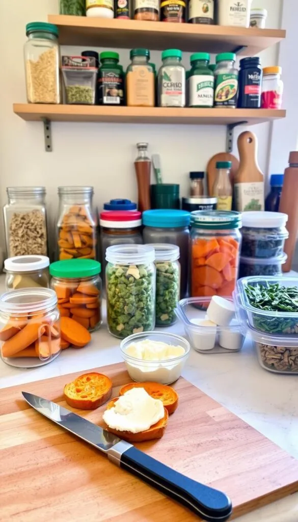A cozy kitchen counter filled with glass jars, plastic containers, and neatly organized sweet potato crostini ingredients. Soft natural lighting illuminates the scene, highlighting the texture of the crostini and the creamy goat cheese. In the foreground, a cutting board with a knife and a few sliced sweet potatoes, ready for preparation. In the background, shelves hold various spices, herbs, and other culinary essentials, creating a sense of a well-stocked, efficient workspace. The overall atmosphere conveys a sense of preparedness and thoughtful organization, perfectly suited for the "Make-Ahead Options and Storage Tips" section of the article.