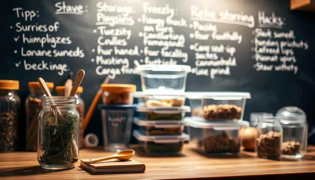 A cozy kitchen counter with various storage containers and jars, bathed in warm, diffused lighting. In the foreground, a glass jar filled with dried herbs, a wooden spoon, and a small notebook. In the middle ground, stacked clear plastic containers, each labeled with their contents. In the background, a chalkboard wall with simple storage tips and hacks neatly written in white chalk. The overall mood is organized, practical, and inviting, reflecting the theme of "Storage, Freezing, and Reheating Tips".