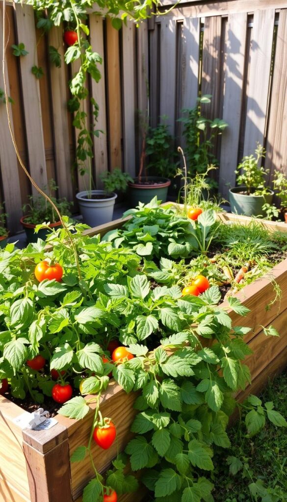 A cozy, sun-dappled vegetable garden nestled in an urban backyard. A wooden raised bed filled with thriving leafy greens, vibrant tomatoes, and crisp carrots. In the foreground, lush foliage and trailing vines spill over the edges, creating a sense of abundance. The middle ground showcases neatly arranged rows of various vegetables, their colors and textures complementing each other. In the background, a rustic wooden fence and a few potted herbs provide a natural, organic framing. Warm, soft lighting bathes the scene, casting gentle shadows and highlighting the garden's vitality. The overall atmosphere is one of simplicity, tranquility, and the joy of homegrown produce. A cozy, sun-dappled vegetable garden nestled in an urban backyard. A wooden raised bed filled with thriving leafy greens, vibrant tomatoes, and crisp carrots. In the foreground, lush foliage and trailing vines spill over the edges, creating a sense of abundance. The middle ground showcases neatly arranged rows of various vegetables, their colors and textures complementing each other. In the background, a rustic wooden fence and a few potted herbs provide a natural, organic framing. Warm, soft lighting bathes the scene, casting gentle shadows and highlighting the garden's vitality. The overall atmosphere is one of simplicity, tranquility, and the joy of homegrown produce.