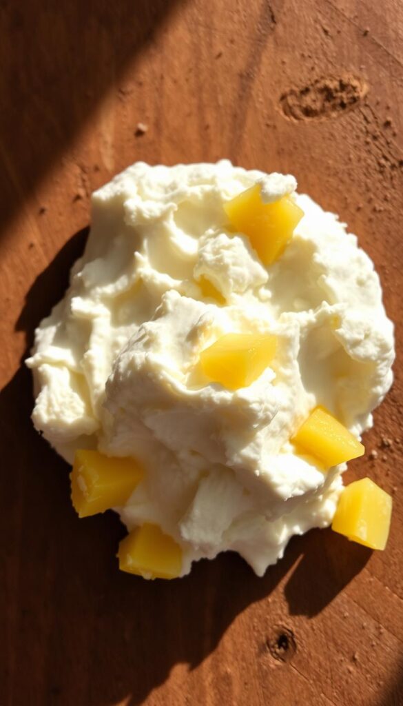 A creamy and textured cottage cheese, with a hint of golden pineapple pieces scattered throughout, resting on a rustic wooden surface. The light falls gently, casting warm shadows and highlighting the soft, inviting appearance of the dish. The pineapple pieces have a natural, slightly fibrous texture, contrasting with the smooth, creamy cottage cheese. The composition is simple yet elegant, drawing the viewer's attention to the harmonious blend of flavors and textures. A creamy and textured cottage cheese, with a hint of golden pineapple pieces scattered throughout, resting on a rustic wooden surface. The light falls gently, casting warm shadows and highlighting the soft, inviting appearance of the dish. The pineapple pieces have a natural, slightly fibrous texture, contrasting with the smooth, creamy cottage cheese. The composition is simple yet elegant, drawing the viewer's attention to the harmonious blend of flavors and textures.