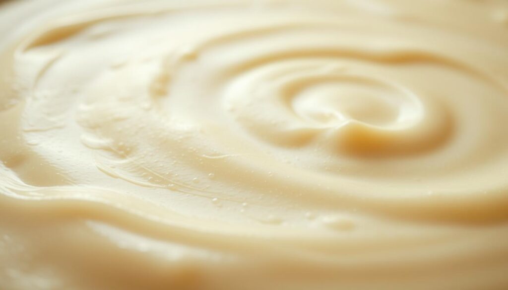 A creamy, velvety soup texture fills the frame, glistening with subtle highlights. The foreground features a rich, smooth consistency, with a slight sheen that catches the soft, diffused lighting. In the middle ground, subtle swirls and gentle ripples add depth and movement, hinting at the comforting warmth of the soup. The background fades into a hazy, atmospheric blur, allowing the textural focus to take center stage. The overall mood is one of soothing indulgence, inviting the viewer to imagine the satisfying mouthfeel and comforting flavors of a perfectly creamy soup.
