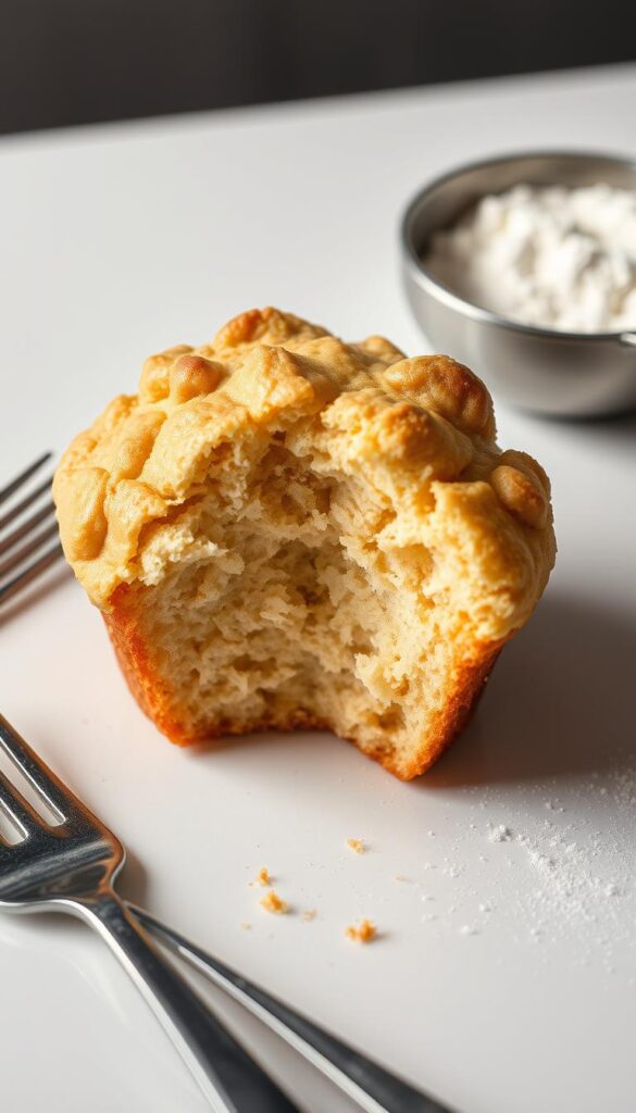 A crisp, golden-brown muffin sits on a clean, white surface, its top dotted with craggy peaks and valleys. The interior cross-section reveals a delicate, airy crumb with evenly distributed air pockets, a telltale sign of proper mixing and baking. Resting beside the muffin are a few tools of the baking trade - a fork, a measuring spoon, and a small bowl filled with a light dusting of flour. Soft, directional lighting casts subtle shadows, accentuating the texture and form of the muffin. The overall scene conveys a sense of culinary expertise and a desire to uncover the secrets to baking the perfect muffin. A crisp, golden-brown muffin sits on a clean, white surface, its top dotted with craggy peaks and valleys. The interior cross-section reveals a delicate, airy crumb with evenly distributed air pockets, a telltale sign of proper mixing and baking. Resting beside the muffin are a few tools of the baking trade - a fork, a measuring spoon, and a small bowl filled with a light dusting of flour. Soft, directional lighting casts subtle shadows, accentuating the texture and form of the muffin. The overall scene conveys a sense of culinary expertise and a desire to uncover the secrets to baking the perfect muffin.