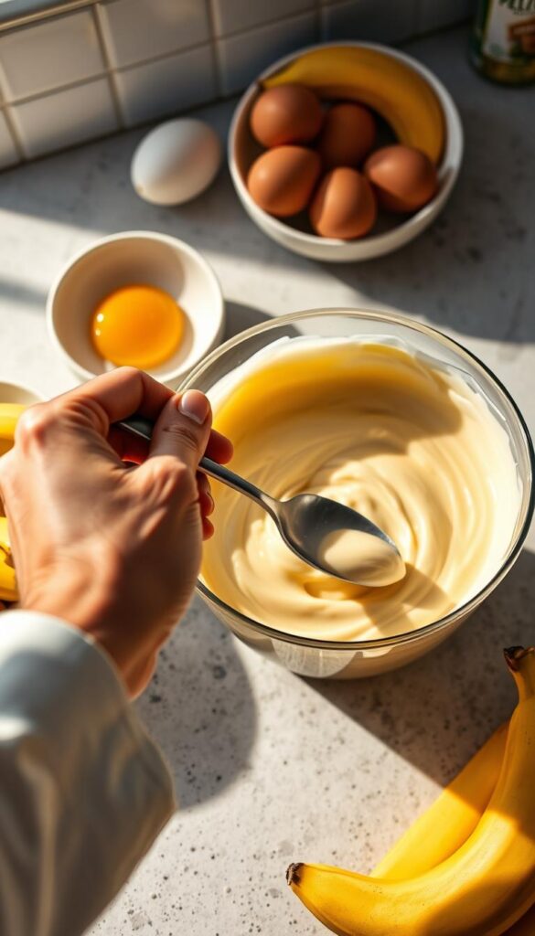 A crisp, well-lit kitchen countertop showcases an array of baking ingredients, including ripe bananas, eggs, and a mixing bowl filled with a silky, custard-like banana pudding. The texture appears smooth and creamy, with a slight sheen, hinting at the perfect consistency. In the foreground, a chef's hand gently runs a spoon through the pudding, investigating for any signs of separation or graininess. The scene is bathed in warm, directional lighting, casting subtle shadows and highlights that accentuate the pudding's luxurious texture. The overall mood is one of a culinary professional troubleshooting and refining a beloved recipe, striving for the ultimate in protein-packed, banana-flavored perfection. A crisp, well-lit kitchen countertop showcases an array of baking ingredients, including ripe bananas, eggs, and a mixing bowl filled with a silky, custard-like banana pudding. The texture appears smooth and creamy, with a slight sheen, hinting at the perfect consistency. In the foreground, a chef's hand gently runs a spoon through the pudding, investigating for any signs of separation or graininess. The scene is bathed in warm, directional lighting, casting subtle shadows and highlights that accentuate the pudding's luxurious texture. The overall mood is one of a culinary professional troubleshooting and refining a beloved recipe, striving for the ultimate in protein-packed, banana-flavored perfection.