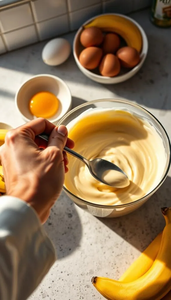 A crisp, well-lit kitchen countertop showcases an array of baking ingredients, including ripe bananas, eggs, and a mixing bowl filled with a silky, custard-like banana pudding. The texture appears smooth and creamy, with a slight sheen, hinting at the perfect consistency. In the foreground, a chef's hand gently runs a spoon through the pudding, investigating for any signs of separation or graininess. The scene is bathed in warm, directional lighting, casting subtle shadows and highlights that accentuate the pudding's luxurious texture. The overall mood is one of a culinary professional troubleshooting and refining a beloved recipe, striving for the ultimate in protein-packed, banana-flavored perfection.