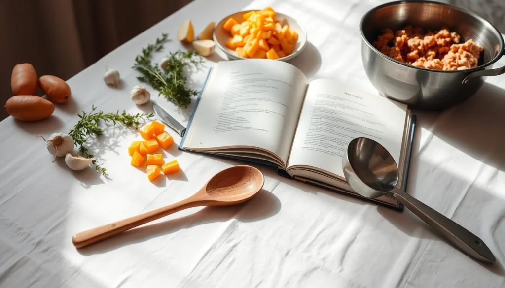 A crisp white tablecloth with neatly placed ingredients - fresh thyme, garlic, diced sweet potatoes, and ground turkey. In the foreground, a wooden cooking spoon and ladle rest on the surface, ready for action. Soft, directional lighting from the side casts gentle shadows, creating a warm, inviting atmosphere. In the middle ground, an open cookbook with clearly written, step-by-step instructions sits alongside a stainless steel mixing bowl and chef's knife, hinting at the culinary process to come. The background is blurred, keeping the focus on the preparation tools and ingredients, conveying a sense of order and organization for the upcoming Turkey & Sweet Potato Shepherd's Pie recipe.