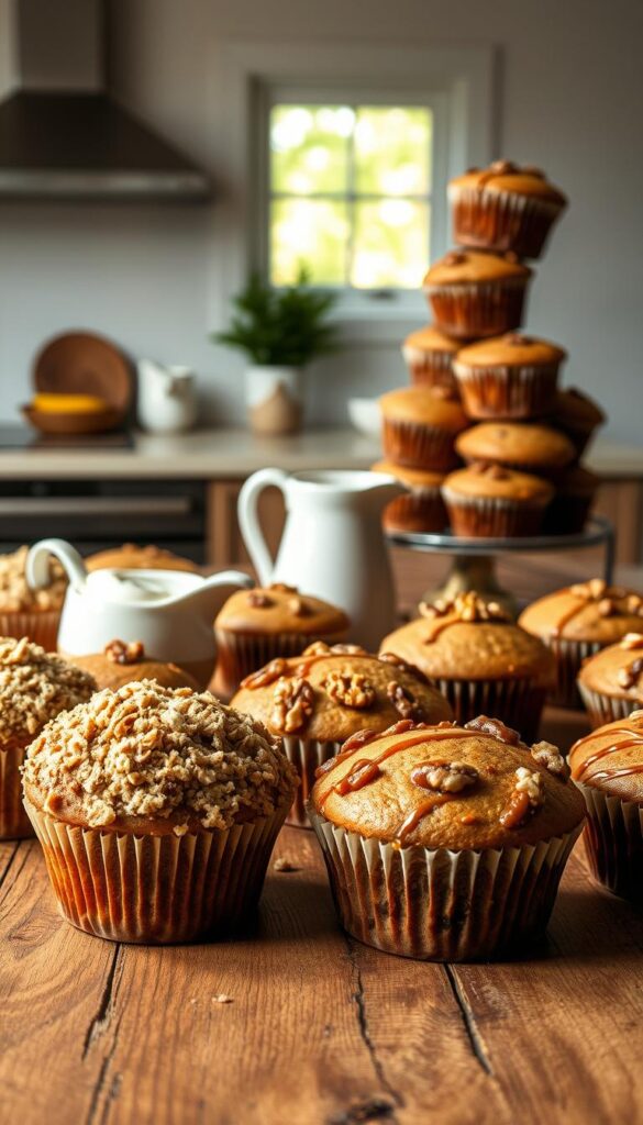 A delectable assortment of freshly baked whole wheat banana muffins, arranged artfully on a rustic wooden table. In the foreground, different muffin variations are showcased, including ones topped with crunchy streusel, drizzled with honey, and studded with walnuts. In the middle ground, a stack of muffins sits alongside a small pitcher of cream, inviting the viewer to indulge. The background features a softly lit, minimalist kitchen setting, with a backdrop of natural light filtering through a window, creating a warm and inviting atmosphere. The scene is captured with a shallow depth of field, emphasizing the mouthwatering details of the muffins and their tempting serving suggestions.