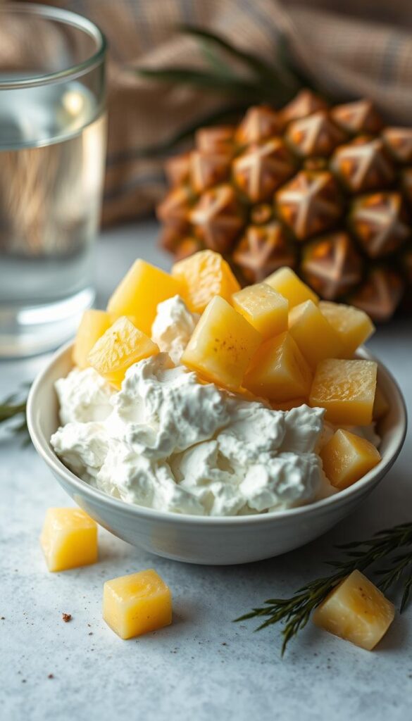 A delectable scene of a cottage cheese bowl adorned with vibrant pineapple chunks, set against a natural background. The creamy cottage cheese stands out, its texture inviting. Pineapple slices are artfully arranged, their golden hues complementing the white of the cheese. Soft, diffused lighting casts a warm glow, evoking a sense of nourishment and wellness. The composition is balanced, with the ingredients taking center stage. A glass of water or herbal tea may be present, completing the healthful, holistic imagery. The overall atmosphere is one of freshness, simplicity, and the perfect marriage of flavors. A delectable scene of a cottage cheese bowl adorned with vibrant pineapple chunks, set against a natural background. The creamy cottage cheese stands out, its texture inviting. Pineapple slices are artfully arranged, their golden hues complementing the white of the cheese. Soft, diffused lighting casts a warm glow, evoking a sense of nourishment and wellness. The composition is balanced, with the ingredients taking center stage. A glass of water or herbal tea may be present, completing the healthful, holistic imagery. The overall atmosphere is one of freshness, simplicity, and the perfect marriage of flavors.