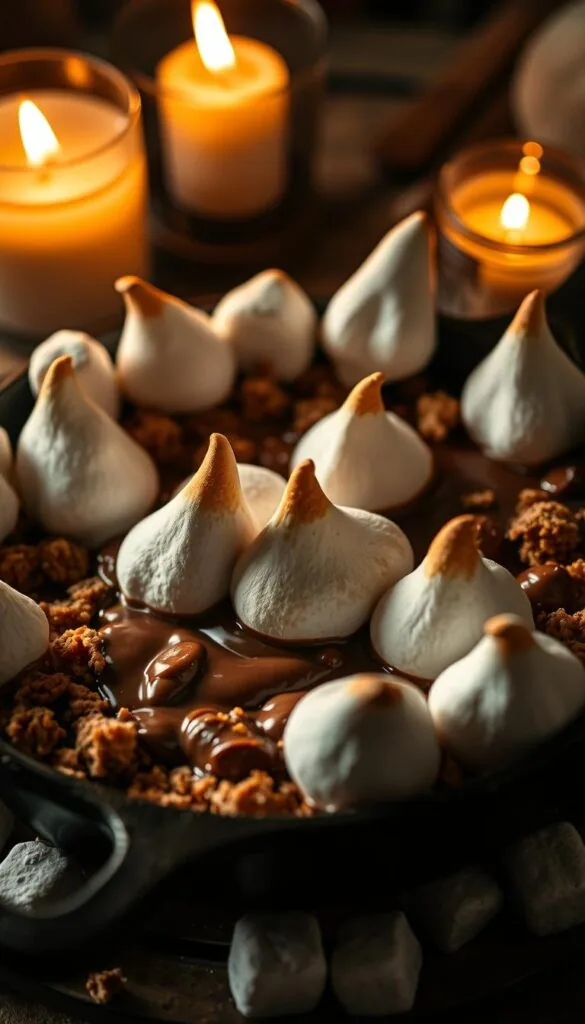 A delectable s'mores dip, simmering in a rustic cast-iron skillet, surrounded by fluffy, ghostly white marshmallows. The graham cracker crumbs form a rich, golden base, while melted milk chocolate oozes temptingly throughout. Flickering candlelight casts a warm, inviting glow, creating an irresistible, haunting atmosphere. Crisp, golden-brown marshmallow peaks rise from the molten chocolate, casting dramatic shadows. The scene is shot from a low angle, emphasizing the cozy, inviting nature of this spooky-yet-delicious treat. Soft, diffused lighting enhances the velvety texture of the marshmallows and the sheen of the chocolate, drawing the viewer in for a closer look.