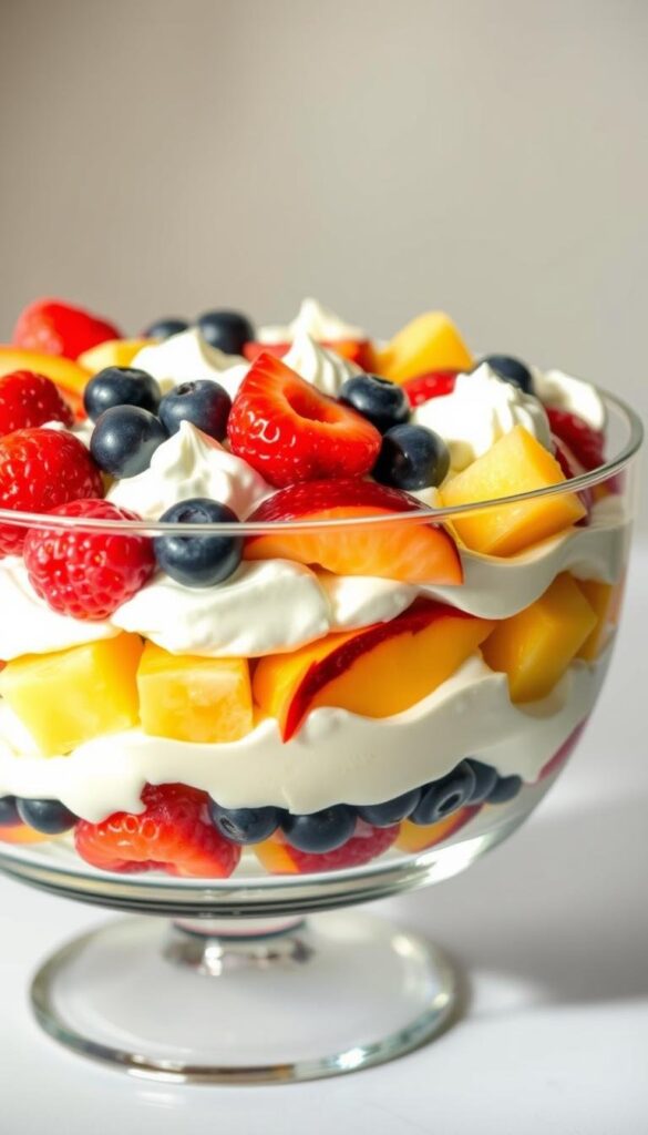 A delicate layered dessert salad glistens in a glass trifle bowl, with vibrant fruit and fluffy whipped cream. Juicy berries, sliced peaches, and cubes of pineapple are artfully arranged in alternating patterns, creating a visually appealing and texturally diverse display. The creamy white whipped topping acts as a soft, billowy backdrop, accentuating the natural colors and shapes of the fresh fruit. Soft, natural lighting casts a warm, inviting glow, highlighting the dessert's fresh and luscious appearance. The glass vessel allows the layered components to be fully visible, inviting the viewer to indulge in this tempting, easy-to-prepare treat. A delicate layered dessert salad glistens in a glass trifle bowl, with vibrant fruit and fluffy whipped cream. Juicy berries, sliced peaches, and cubes of pineapple are artfully arranged in alternating patterns, creating a visually appealing and texturally diverse display. The creamy white whipped topping acts as a soft, billowy backdrop, accentuating the natural colors and shapes of the fresh fruit. Soft, natural lighting casts a warm, inviting glow, highlighting the dessert's fresh and luscious appearance. The glass vessel allows the layered components to be fully visible, inviting the viewer to indulge in this tempting, easy-to-prepare treat.