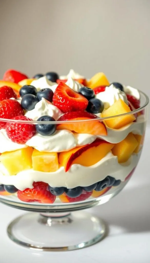 A delicate layered dessert salad glistens in a glass trifle bowl, with vibrant fruit and fluffy whipped cream. Juicy berries, sliced peaches, and cubes of pineapple are artfully arranged in alternating patterns, creating a visually appealing and texturally diverse display. The creamy white whipped topping acts as a soft, billowy backdrop, accentuating the natural colors and shapes of the fresh fruit. Soft, natural lighting casts a warm, inviting glow, highlighting the dessert's fresh and luscious appearance. The glass vessel allows the layered components to be fully visible, inviting the viewer to indulge in this tempting, easy-to-prepare treat.