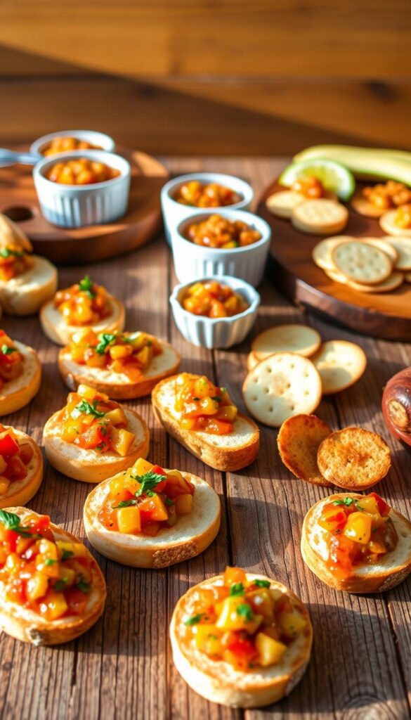 A delightful array of party appetizers, each one accompanied by a vibrant and zesty banana salsa. In the foreground, crisp crostini, savory bruschetta, and buttery crackers await to be adorned with the luscious, spice-infused salsa. In the middle ground, an assortment of dipping vessels, including small ramekins and wooden serving trays, invite guests to explore the flavors. The background sets the scene with a rustic, wooden surface, casting warm, natural lighting across the scene, creating a cozy and inviting atmosphere. The overall composition captures the spirit of the "Serving Suggestions and Pairing Ideas" section, showcasing the versatility and appeal of this spicy banana salsa. A delightful array of party appetizers, each one accompanied by a vibrant and zesty banana salsa. In the foreground, crisp crostini, savory bruschetta, and buttery crackers await to be adorned with the luscious, spice-infused salsa. In the middle ground, an assortment of dipping vessels, including small ramekins and wooden serving trays, invite guests to explore the flavors. The background sets the scene with a rustic, wooden surface, casting warm, natural lighting across the scene, creating a cozy and inviting atmosphere. The overall composition captures the spirit of the "Serving Suggestions and Pairing Ideas" section, showcasing the versatility and appeal of this spicy banana salsa.
