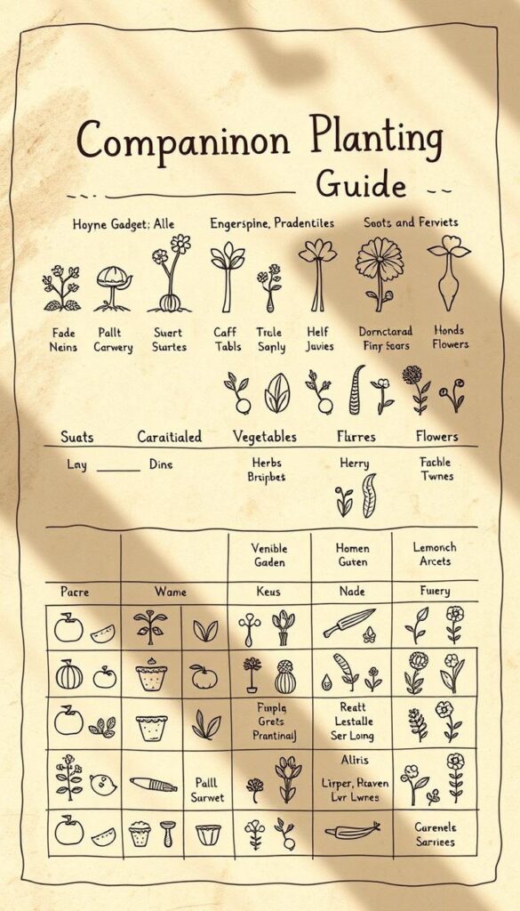 A detailed, hand-drawn companion planting guide on a weathered, parchment-like background. The foreground features various plant icons arranged in a grid layout, each representing a specific companion pairing. The middle ground showcases illustrations of common garden vegetables, herbs, and flowers, highlighting their optimal companions. The background has a soft, vintage-inspired texture, suggesting the timeless wisdom of this gardening technique. The lighting is warm and natural, casting gentle shadows to add depth and dimension. The overall mood is one of simplicity, practicality, and the joy of cultivating a thriving, harmonious garden. A detailed, hand-drawn companion planting guide on a weathered, parchment-like background. The foreground features various plant icons arranged in a grid layout, each representing a specific companion pairing. The middle ground showcases illustrations of common garden vegetables, herbs, and flowers, highlighting their optimal companions. The background has a soft, vintage-inspired texture, suggesting the timeless wisdom of this gardening technique. The lighting is warm and natural, casting gentle shadows to add depth and dimension. The overall mood is one of simplicity, practicality, and the joy of cultivating a thriving, harmonious garden.