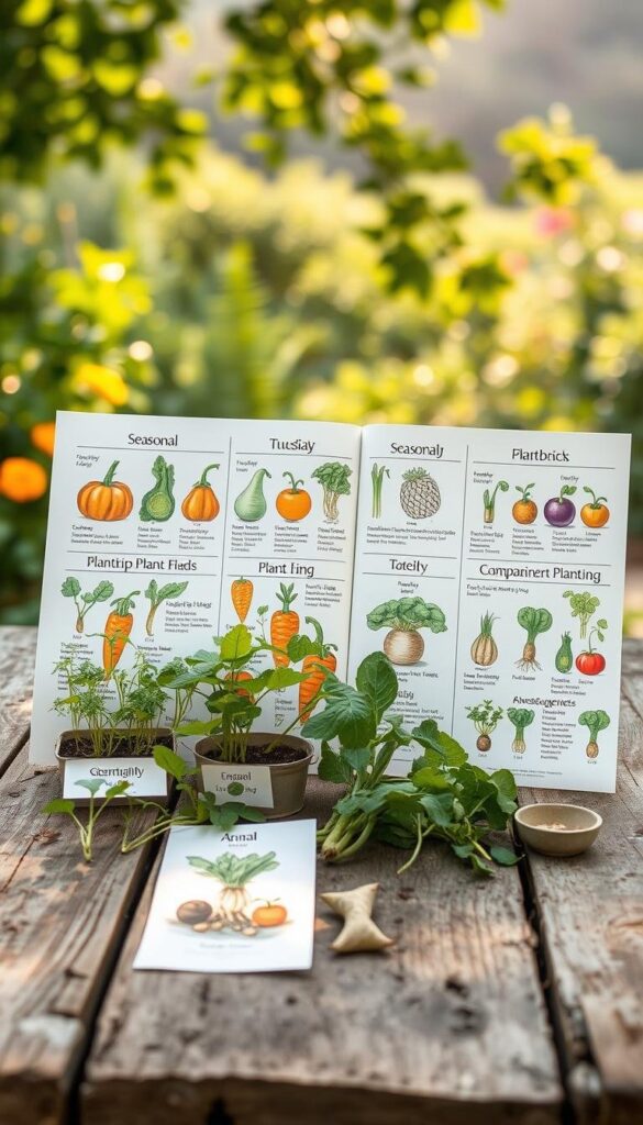 A detailed, illustrated seasonal vegetable planting guide, displayed on an aged, weathered wooden surface. In the foreground, various vegetable seedlings and seeds are neatly arranged, with their names and planting information clearly visible. The middle ground showcases meticulously drawn illustrations of the vegetables, depicting their growth stages and companion planting suggestions. The background features a softly blurred, serene garden landscape, with hazy sunlight filtering through lush foliage. The overall mood is one of rustic, informative charm, inviting the viewer to plan their own bountiful vegetable garden. A detailed, illustrated seasonal vegetable planting guide, displayed on an aged, weathered wooden surface. In the foreground, various vegetable seedlings and seeds are neatly arranged, with their names and planting information clearly visible. The middle ground showcases meticulously drawn illustrations of the vegetables, depicting their growth stages and companion planting suggestions. The background features a softly blurred, serene garden landscape, with hazy sunlight filtering through lush foliage. The overall mood is one of rustic, informative charm, inviting the viewer to plan their own bountiful vegetable garden.