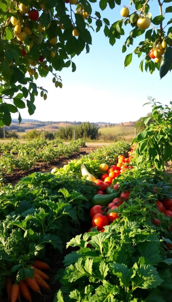 A diverse array of seasonal vegetables in a lush, well-tended garden. In the foreground, vibrant leafy greens, crisp carrots, and plump tomatoes grow in neat rows, bathed in warm, soft lighting. In the middle ground, a mix of squash, peppers, and herbs sway gently in a light breeze. The background is framed by a picturesque countryside, with rolling hills and a clear blue sky, creating a serene, idyllic atmosphere that invites the viewer to imagine the joys of cultivating a year-round vegetable garden. A diverse array of seasonal vegetables in a lush, well-tended garden. In the foreground, vibrant leafy greens, crisp carrots, and plump tomatoes grow in neat rows, bathed in warm, soft lighting. In the middle ground, a mix of squash, peppers, and herbs sway gently in a light breeze. The background is framed by a picturesque countryside, with rolling hills and a clear blue sky, creating a serene, idyllic atmosphere that invites the viewer to imagine the joys of cultivating a year-round vegetable garden.