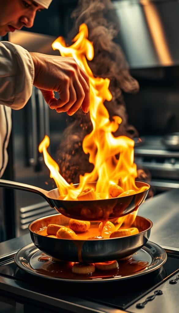 A dramatic scene of a skilled chef expertly flambéing a pan of banana foster, showcasing the technique's vibrant display and controlled safety. The foreground features the chef's hands confidently maneuvering the pan, fire bursting forth as the liquor ignites. The middle ground captures the rich, caramelized bananas and decadent sauce. In the background, a gleaming stainless steel kitchen with modern appliances sets the professional stage. Warm, golden lighting casts an inviting glow, while a sense of precision and discipline pervades the atmosphere. The overall composition highlights the artistry and care required to master this classic flambé presentation.