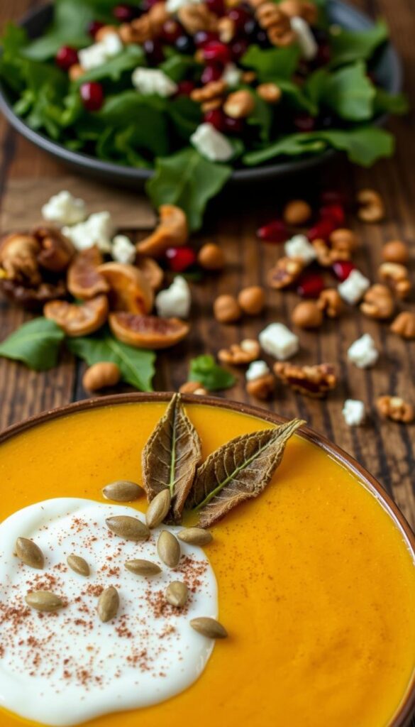 A freshly prepared pumpkin soup, garnished with a mouthwatering array of toppings, presented on a rustic wooden table. In the foreground, a dollop of creamy creme fraiche, sprinkled with toasted pumpkin seeds and a sprinkle of ground cinnamon. Scattered across the middle ground, crisp fried sage leaves, caramelized onion slices, and crumbled feta cheese. In the background, a vibrant green salad with pomegranate arils and toasted walnuts, complementing the rich and savory soup. Warm, diffused lighting casts a cozy glow, highlighting the colors and textures of this elevated pumpkin soup presentation. A freshly prepared pumpkin soup, garnished with a mouthwatering array of toppings, presented on a rustic wooden table. In the foreground, a dollop of creamy creme fraiche, sprinkled with toasted pumpkin seeds and a sprinkle of ground cinnamon. Scattered across the middle ground, crisp fried sage leaves, caramelized onion slices, and crumbled feta cheese. In the background, a vibrant green salad with pomegranate arils and toasted walnuts, complementing the rich and savory soup. Warm, diffused lighting casts a cozy glow, highlighting the colors and textures of this elevated pumpkin soup presentation.