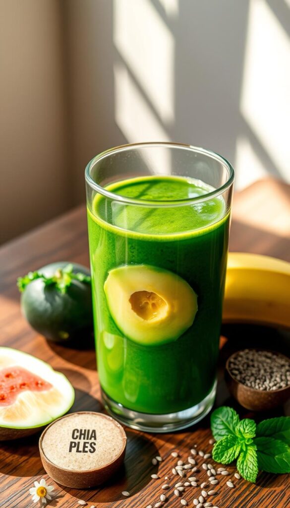 A glass container filled with an emerald-green protein smoothie, its vibrant hue accentuated by perfectly balanced ingredients. Suspended within the liquid, a medley of nutrient-dense superfoods - kale, spinach, avocado, banana, and a scoop of plant-based protein powder. Sunlight streams through the glass, casting a warm glow and highlighting the smooth, creamy texture. The container rests on a wooden table, surrounded by neatly arranged pieces of fresh fruit, chia seeds, and a sprig of mint, creating a harmonious, wellness-inspired scene. A sense of balance and vitality radiates from the image, inviting the viewer to indulge in a nourishing, revitalizing beverage. A glass container filled with an emerald-green protein smoothie, its vibrant hue accentuated by perfectly balanced ingredients. Suspended within the liquid, a medley of nutrient-dense superfoods - kale, spinach, avocado, banana, and a scoop of plant-based protein powder. Sunlight streams through the glass, casting a warm glow and highlighting the smooth, creamy texture. The container rests on a wooden table, surrounded by neatly arranged pieces of fresh fruit, chia seeds, and a sprig of mint, creating a harmonious, wellness-inspired scene. A sense of balance and vitality radiates from the image, inviting the viewer to indulge in a nourishing, revitalizing beverage.