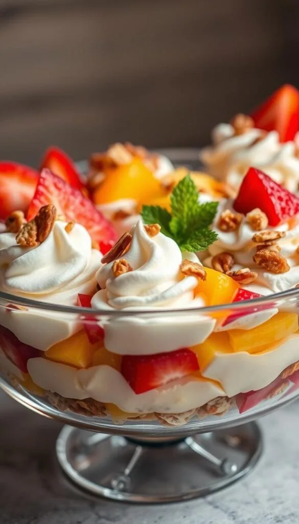 A glass dish filled with a variety of classic dessert salads, arranged in an elegant and visually appealing manner. The salads include layers of creamy custard, fluffy whipped cream, vibrant fruit slices, and crunchy toasted nuts. The lighting is soft and warm, highlighting the delicate textures and vibrant colors of the desserts. The dish is shot from a slightly low angle, emphasizing the rich, indulgent nature of the desserts. The overall atmosphere is one of refined sophistication, inviting the viewer to savor the sweet, refreshing flavors of these delectable dessert salads.