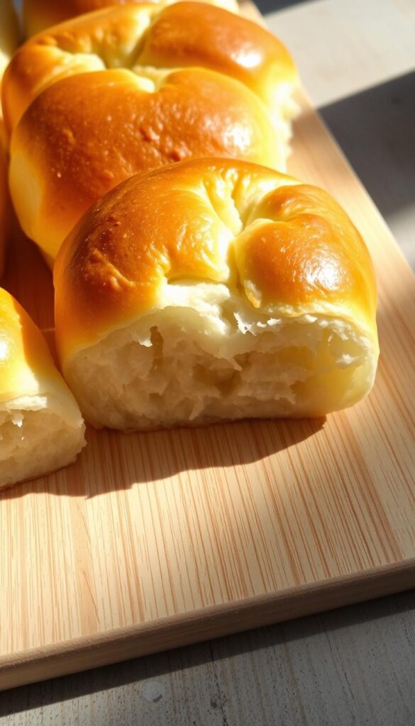 A golden-brown, freshly baked bread roll, its crust crisp and flaky, resting on a wooden cutting board. The interior is soft and pillowy, with a tender crumb that glistens with a hint of butter. The rolls are arranged in a neat row, casting soft shadows on the light-colored surface. The lighting is warm and natural, creating a cozy, inviting atmosphere. The camera angle is slightly elevated, allowing the viewer to appreciate the detailed texture and gentle curves of the rolls. This image captures the simple beauty and deliciousness of a classic bread roll, ready to be incorporated into a delectable pineapple and ham slider. A golden-brown, freshly baked bread roll, its crust crisp and flaky, resting on a wooden cutting board. The interior is soft and pillowy, with a tender crumb that glistens with a hint of butter. The rolls are arranged in a neat row, casting soft shadows on the light-colored surface. The lighting is warm and natural, creating a cozy, inviting atmosphere. The camera angle is slightly elevated, allowing the viewer to appreciate the detailed texture and gentle curves of the rolls. This image captures the simple beauty and deliciousness of a classic bread roll, ready to be incorporated into a delectable pineapple and ham slider.
