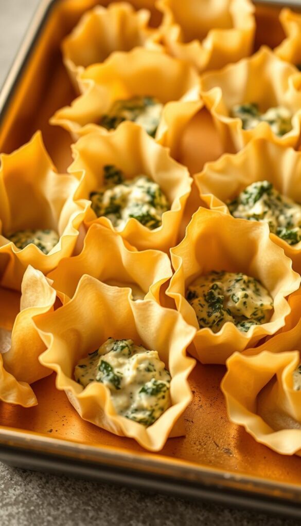 A golden-hued tray of delicate wonton wrappers, their edges pinched into decorative curves, ready to be filled with a creamy spinach and artichoke dip. The wrappers are arranged in an elegant, inviting display, illuminated by soft, warm lighting that casts gentle shadows, highlighting their intricate textures. The scene is captured from a slightly elevated angle, allowing the viewer to appreciate the intricate folds and pleats of the wrappers, as well as the overall presentation. The background is a subtly blurred, neutral tone, keeping the focus firmly on the star of the show - the versatile wonton wrappers, poised to transform into the perfect vessel for a savory, indulgent dip. A golden-hued tray of delicate wonton wrappers, their edges pinched into decorative curves, ready to be filled with a creamy spinach and artichoke dip. The wrappers are arranged in an elegant, inviting display, illuminated by soft, warm lighting that casts gentle shadows, highlighting their intricate textures. The scene is captured from a slightly elevated angle, allowing the viewer to appreciate the intricate folds and pleats of the wrappers, as well as the overall presentation. The background is a subtly blurred, neutral tone, keeping the focus firmly on the star of the show - the versatile wonton wrappers, poised to transform into the perfect vessel for a savory, indulgent dip.