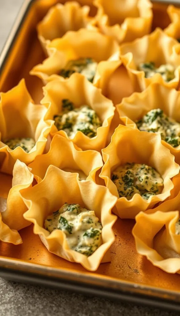 A golden-hued tray of delicate wonton wrappers, their edges pinched into decorative curves, ready to be filled with a creamy spinach and artichoke dip. The wrappers are arranged in an elegant, inviting display, illuminated by soft, warm lighting that casts gentle shadows, highlighting their intricate textures. The scene is captured from a slightly elevated angle, allowing the viewer to appreciate the intricate folds and pleats of the wrappers, as well as the overall presentation. The background is a subtly blurred, neutral tone, keeping the focus firmly on the star of the show - the versatile wonton wrappers, poised to transform into the perfect vessel for a savory, indulgent dip.