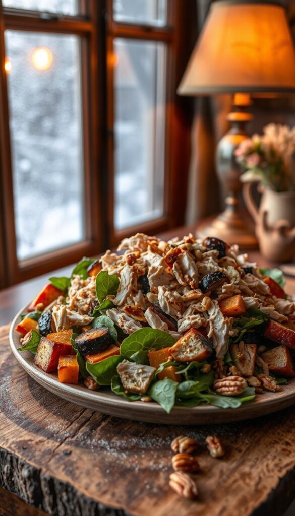 A hearty winter salad with roasted root vegetables, shredded rotisserie chicken, and a scattering of toasted nuts. The salad is arranged on a rustic wooden board, with a warm glow from the table lamp overhead. The scene is framed by a cozy, frost-dusted window, hinting at the chilly outdoor scene beyond. The lighting is soft and inviting, casting gentle shadows across the plate. The textures of the crisp greens, tender chicken, and caramelized veggies create a visually appealing and appetite-whetting composition. An elegant, yet comforting, midwinter meal. A hearty winter salad with roasted root vegetables, shredded rotisserie chicken, and a scattering of toasted nuts. The salad is arranged on a rustic wooden board, with a warm glow from the table lamp overhead. The scene is framed by a cozy, frost-dusted window, hinting at the chilly outdoor scene beyond. The lighting is soft and inviting, casting gentle shadows across the plate. The textures of the crisp greens, tender chicken, and caramelized veggies create a visually appealing and appetite-whetting composition. An elegant, yet comforting, midwinter meal.