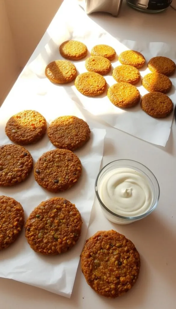A kitchen counter with a clean, light-colored surface. On the counter, several lentil patties are arranged in neat rows, each one perfectly formed and glistening with a light coating of oil. The patties are placed on a sheet of parchment paper, ready to be stored for future meal prep. Beside them, a small glass container filled with a creamy, swirled yogurt sauce stands ready to accompany the patties. The scene is bathed in warm, natural lighting, highlighting the vibrant colors and textures of the lentil patties and the smooth, inviting sauce. The overall atmosphere is one of organization, preparation, and the promise of a delicious, healthy meal to come. A kitchen counter with a clean, light-colored surface. On the counter, several lentil patties are arranged in neat rows, each one perfectly formed and glistening with a light coating of oil. The patties are placed on a sheet of parchment paper, ready to be stored for future meal prep. Beside them, a small glass container filled with a creamy, swirled yogurt sauce stands ready to accompany the patties. The scene is bathed in warm, natural lighting, highlighting the vibrant colors and textures of the lentil patties and the smooth, inviting sauce. The overall atmosphere is one of organization, preparation, and the promise of a delicious, healthy meal to come.