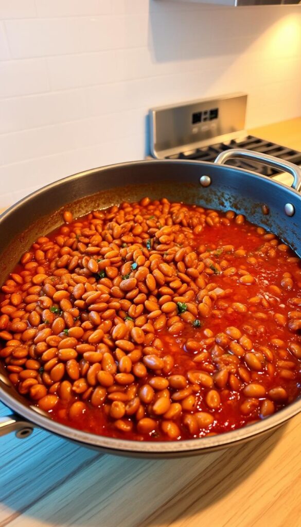 A large skillet on a wooden kitchen counter, filled with simmering brown lentils in a rich, fragrant tomato-based sauce. Sautéed onions, garlic, and spices like cumin, chili powder, and oregano create a bold, southwestern flavor. Warm lighting from overhead casts a cozy glow, highlighting the textures of the lentils and the glossy surface of the sauce. In the background, a clean white tile backsplash and stainless steel appliances provide a modern, minimalist contrast. The scene conveys the delicious aroma and hearty, comforting nature of the lentil taco filling, ready to be assembled into a satisfying Lentil Taco dish. A large skillet on a wooden kitchen counter, filled with simmering brown lentils in a rich, fragrant tomato-based sauce. Sautéed onions, garlic, and spices like cumin, chili powder, and oregano create a bold, southwestern flavor. Warm lighting from overhead casts a cozy glow, highlighting the textures of the lentils and the glossy surface of the sauce. In the background, a clean white tile backsplash and stainless steel appliances provide a modern, minimalist contrast. The scene conveys the delicious aroma and hearty, comforting nature of the lentil taco filling, ready to be assembled into a satisfying Lentil Taco dish.