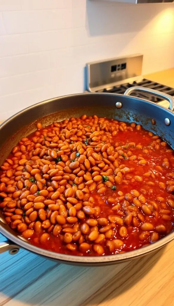 A large skillet on a wooden kitchen counter, filled with simmering brown lentils in a rich, fragrant tomato-based sauce. Sautéed onions, garlic, and spices like cumin, chili powder, and oregano create a bold, southwestern flavor. Warm lighting from overhead casts a cozy glow, highlighting the textures of the lentils and the glossy surface of the sauce. In the background, a clean white tile backsplash and stainless steel appliances provide a modern, minimalist contrast. The scene conveys the delicious aroma and hearty, comforting nature of the lentil taco filling, ready to be assembled into a satisfying Lentil Taco dish. A large skillet on a wooden kitchen counter, filled with simmering brown lentils in a rich, fragrant tomato-based sauce. Sautéed onions, garlic, and spices like cumin, chili powder, and oregano create a bold, southwestern flavor. Warm lighting from overhead casts a cozy glow, highlighting the textures of the lentils and the glossy surface of the sauce. In the background, a clean white tile backsplash and stainless steel appliances provide a modern, minimalist contrast. The scene conveys the delicious aroma and hearty, comforting nature of the lentil taco filling, ready to be assembled into a satisfying Lentil Taco dish.