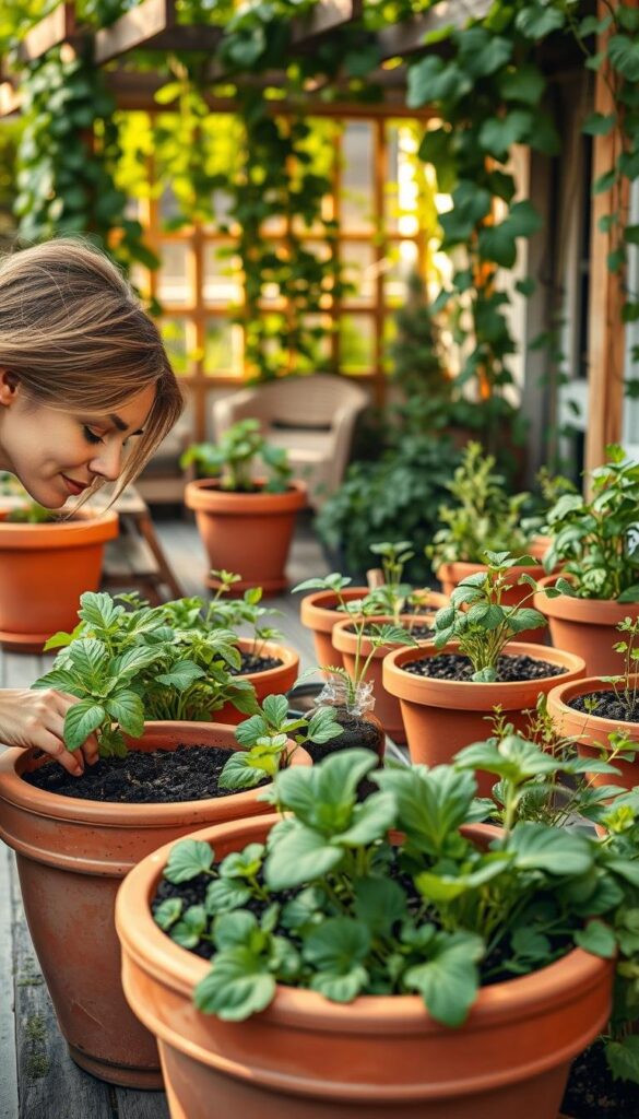 A lush container garden, with a variety of thriving vegetables and herbs. The foreground features a woman carefully adding organic fertilizer to the soil of a terracotta planter, her face focused and serene. In the middle ground, a selection of potted plants in various stages of growth, their leaves a vibrant green. The background showcases a cozy patio setting, with warm natural lighting filtering through a trellis of climbing vines. The overall atmosphere is one of tranquility and abundance, inviting the viewer to imagine the bounty of a successful container garden. A lush container garden, with a variety of thriving vegetables and herbs. The foreground features a woman carefully adding organic fertilizer to the soil of a terracotta planter, her face focused and serene. In the middle ground, a selection of potted plants in various stages of growth, their leaves a vibrant green. The background showcases a cozy patio setting, with warm natural lighting filtering through a trellis of climbing vines. The overall atmosphere is one of tranquility and abundance, inviting the viewer to imagine the bounty of a successful container garden.