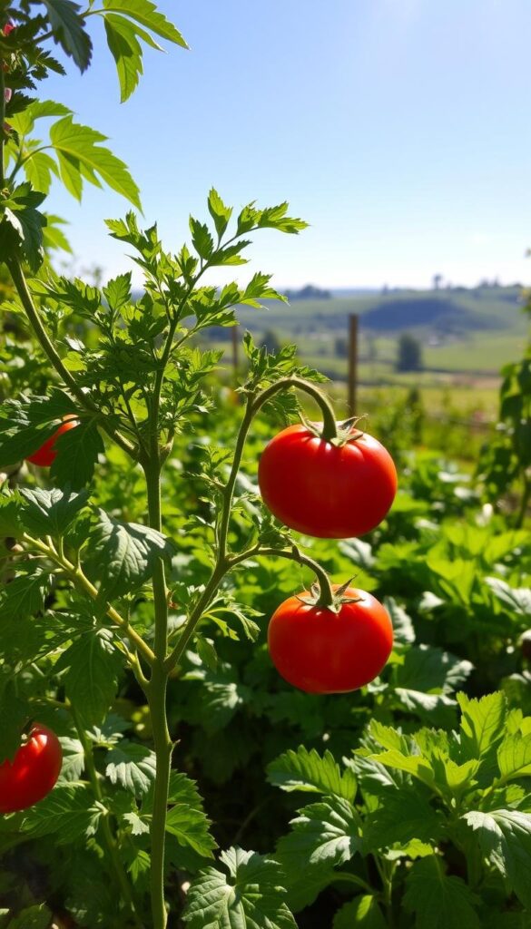 A lush garden bursting with thriving vegetables, sunlight filtering through the leaves casting a warm glow. In the foreground, a flourishing tomato plant, its glossy red fruits ripe for the picking. Nearby, leafy greens stand tall, their vibrant colors a testament to the rich, nutrient-dense soil. In the middle ground, a variety of vegetables, from crisp carrots to hearty zucchini, all nourished by the gentle rain. The background showcases a serene countryside landscape, rolling hills and a clear blue sky, a tranquil setting for this bountiful harvest. The scene conveys the profound benefits of growing your own healthy, organic produce - from the satisfaction of self-sufficiency to the joy of savoring the fruits of your labor. A lush garden bursting with thriving vegetables, sunlight filtering through the leaves casting a warm glow. In the foreground, a flourishing tomato plant, its glossy red fruits ripe for the picking. Nearby, leafy greens stand tall, their vibrant colors a testament to the rich, nutrient-dense soil. In the middle ground, a variety of vegetables, from crisp carrots to hearty zucchini, all nourished by the gentle rain. The background showcases a serene countryside landscape, rolling hills and a clear blue sky, a tranquil setting for this bountiful harvest. The scene conveys the profound benefits of growing your own healthy, organic produce - from the satisfaction of self-sufficiency to the joy of savoring the fruits of your labor.